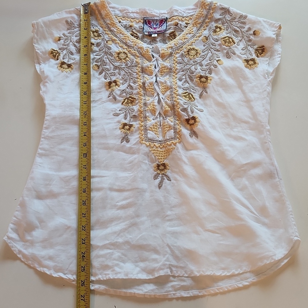 Johnny Was linen white yellow floral embroidered lace front top small - Picture 8 of 9